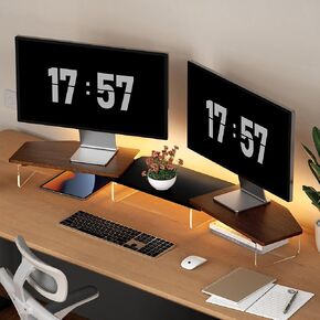 AFOOYO LED Dual Monitor Stand Riser for 2 Monitors,Office Desktop Wooden Stand Adjustable Length and Angle 3 Shelf,Extra Long Multifunctional Stand up to 44.4" for Computer,Laptop,TV,Black in Kuwait
