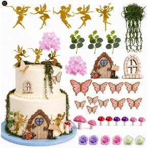 37PCS Fairy Cake Toppers for Fairy Birthday Party Decorations - Pink Mushroom Butterfly Flower Fairy Door Set - Whimsical Cake Decor for Girls Birthday Baby Shower Garden Theme Party in Saudi Arabia