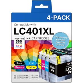 خراطيش حبر LC401XL لطابعة Brother عالية الإنتاجية مكونة من 4 عبوات بديلة لخراطيش حبر Brother LC401 تعمل مع MFC-J1010DW MFC-J1170DW MFC-J1012DW MFC-J1800DW أسود سماوي أرجواني أصفر in Kuwait