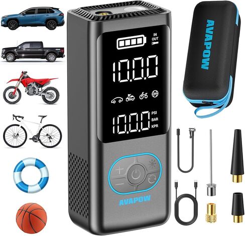 AVAPOW Portable Tire Inflator, 150 PSI Cordless Air Compressor with Digital Gauge, 3.7″ LCD, Auto Shut-Off, Fast Inflation, USB-C Rechargeable PD 20W for Cars, Bikes, Motorcycle & Emergencies in Saudi Arabia