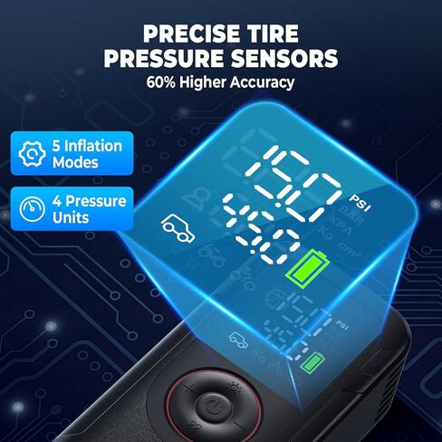 Vernee VP10PRO Tire Inflator Portable Air Compressor with High-Definition Digital Display,150 PSI,6000mAh Air Pump for Car Tires with 3 Modes LED Lights & Pressure Gauge for Car, Motorcycle, Balls in Saudi Arabia