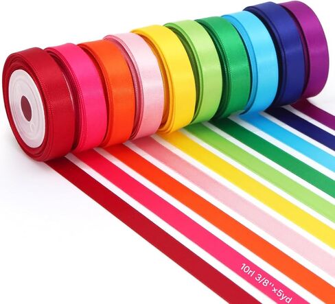 Rainbow Ribbons, 10 Rolls Ribbons, Colorful Satin Gift Wrapping Ribbons, 10-Color Craft Ribbons for Gift Wrapping & Bows, 5 Yards x 0.375 Inches in Saudi Arabia