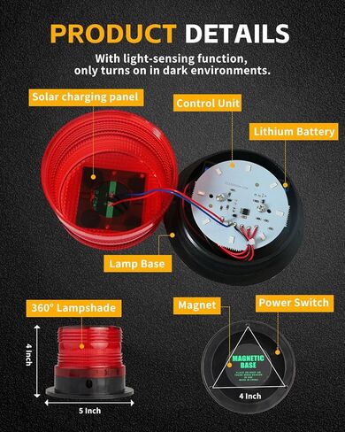 Solar Warning Beacon Light, [3 Flashing Modes] Red Magnetic 360° LED Signal Light for Trucks, Forklifts, Roadside Assistance, Boat, Yacht, Hazard Warning Buoys in Kuwait
