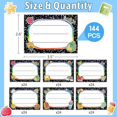 144 PCS Name Tags Stickers for Classroom, Self-Adhesive Composition Name Labels for Students, 6 Designs Classroom Nameplates Stickers for Desks, Lockers, Back to School Teacher Supplies in Saudi Arabia