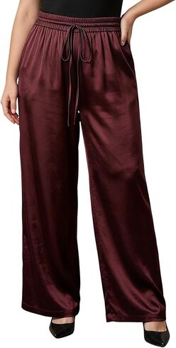 winkbay Women's Plus Size Satin Wide Leg Pants Dressy Casual Drawstring Elastic Waist Trousers in Saudi Arabia