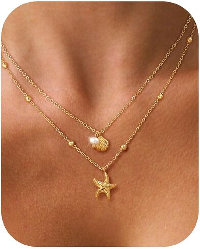 HABIKIP Shell Starfish Charm for Women, Dainty Layered 14K Gold Plated Seashell Conch Starfish Pearl Pendant Necklace for Women Stack Trendy Beach Cuban Link CZ Chain Necklace Summer Vacation Jewelry in Saudi Arabia