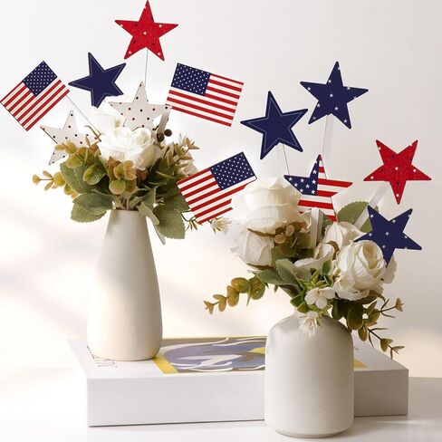 Bunny Chorus 4th of July Decorations, 12Pcs Patriotic Decorations American Flag Red White Blue Stars, Fourth of July Wooden Star Picks for Patriotic Wreath Table Centerpieces Decoration in Kuwait