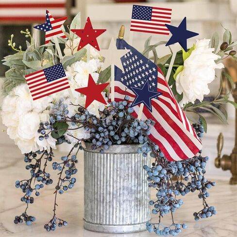 Bunny Chorus 4th of July Decorations, 12Pcs Patriotic Decorations American Flag Red White Blue Stars, Fourth of July Wooden Star Picks for Patriotic Wreath Table Centerpieces Decoration in Kuwait
