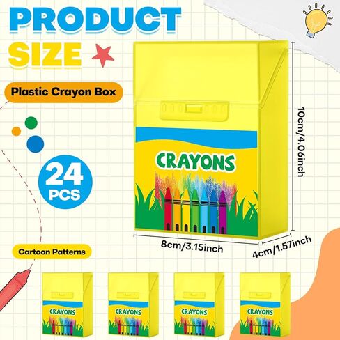 24 Pcs Plastic Crayon Box Holds 24 Crayons with Hinged Lid and Snap Closure Cartoon-Patterned Crayon Storage Organizer Case Container Bulk for Art Craft School Classroom Office Supply in Kuwait