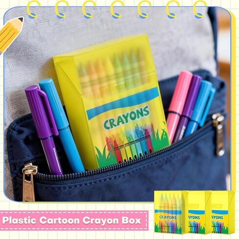 24 Pcs Plastic Crayon Box Holds 24 Crayons with Hinged Lid and Snap Closure Cartoon-Patterned Crayon Storage Organizer Case Container Bulk for Art Craft School Classroom Office Supply in Kuwait