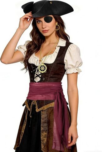 Pirate Tricorn Hat Men & Women Vintage Wrinkle Pirate Hat Set with Eye Patch Necklace Pirate Sash Belt Accessories Set in Saudi Arabia