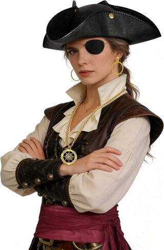 Pirate Tricorn Hat Men & Women Vintage Wrinkle Pirate Hat Set with Eye Patch Necklace Pirate Sash Belt Accessories Set in Saudi Arabia