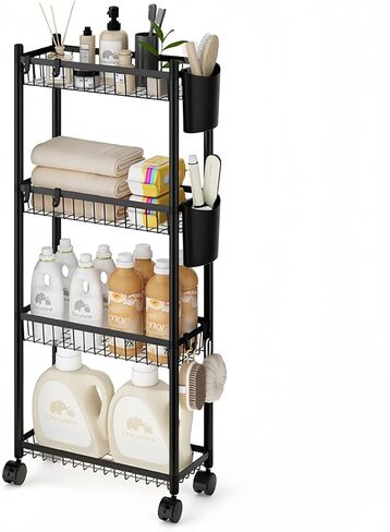 Slim Rolling Storage Cart, 4 Tier Narrow Utility Cart with Wheels, Skinny Metal Mobile Shelf Unit Organizer for Bathroom Kitchen Laundry Room Pantry Office Small Spaces, Black in Kuwait