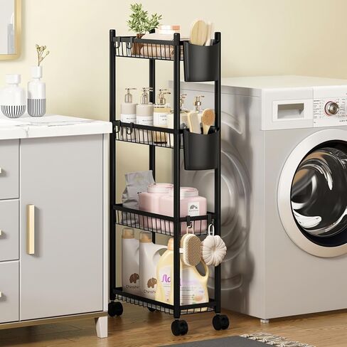 Slim Rolling Storage Cart, 4 Tier Narrow Utility Cart with Wheels, Skinny Metal Mobile Shelf Unit Organizer for Bathroom Kitchen Laundry Room Pantry Office Small Spaces, Black in Kuwait
