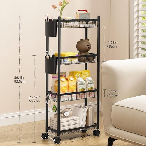 Slim Rolling Storage Cart, 4 Tier Narrow Utility Cart with Wheels, Skinny Metal Mobile Shelf Unit Organizer for Bathroom Kitchen Laundry Room Pantry Office Small Spaces, Black in Kuwait
