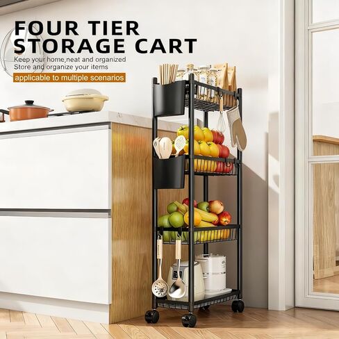 Slim Rolling Storage Cart, 4 Tier Narrow Utility Cart with Wheels, Skinny Metal Mobile Shelf Unit Organizer for Bathroom Kitchen Laundry Room Pantry Office Small Spaces, Black in Kuwait