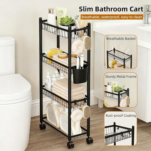 Slim Rolling Storage Cart, 4 Tier Narrow Utility Cart with Wheels, Skinny Metal Mobile Shelf Unit Organizer for Bathroom Kitchen Laundry Room Pantry Office Small Spaces, Black in Kuwait