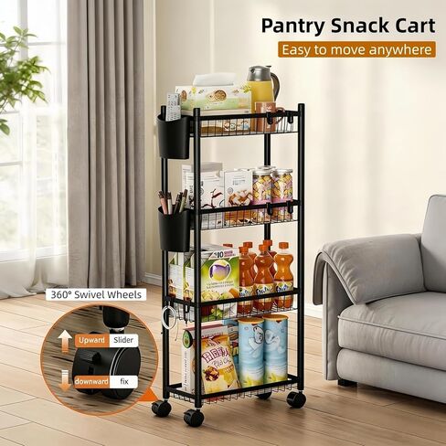 Slim Rolling Storage Cart, 4 Tier Narrow Utility Cart with Wheels, Skinny Metal Mobile Shelf Unit Organizer for Bathroom Kitchen Laundry Room Pantry Office Small Spaces, Black in Kuwait