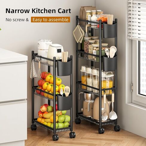 Slim Rolling Storage Cart, 4 Tier Narrow Utility Cart with Wheels, Skinny Metal Mobile Shelf Unit Organizer for Bathroom Kitchen Laundry Room Pantry Office Small Spaces, Black in Kuwait