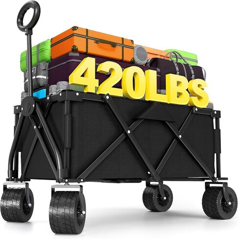 LEVELEVE Heavy Duty Folding Wagon Collapsible Cart, 420Lb Capacity, All-Terrain Wheels w/Brakes & Side Pockets (Black) in Kuwait