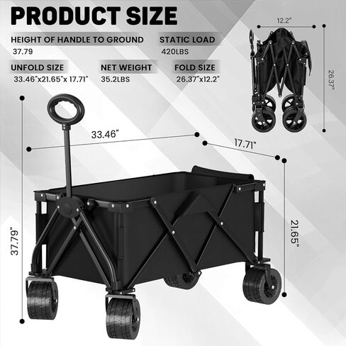 LEVELEVE Heavy Duty Folding Wagon Collapsible Cart, 420Lb Capacity, All-Terrain Wheels w/Brakes & Side Pockets (Black) in Kuwait