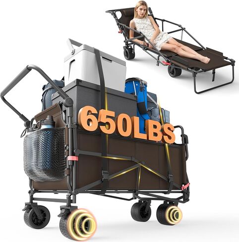 LEVELEVE Heavy Duty Folding Wagon Collapsible Cart, 420Lb Capacity, All-Terrain Wheels w/Brakes & Side Pockets (Black) in Kuwait