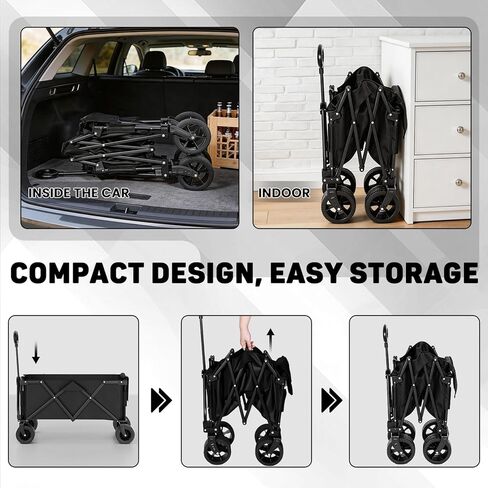 LEVELEVE Heavy Duty Folding Wagon Collapsible Cart, 420Lb Capacity, All-Terrain Wheels w/Brakes & Side Pockets (Black) in Kuwait