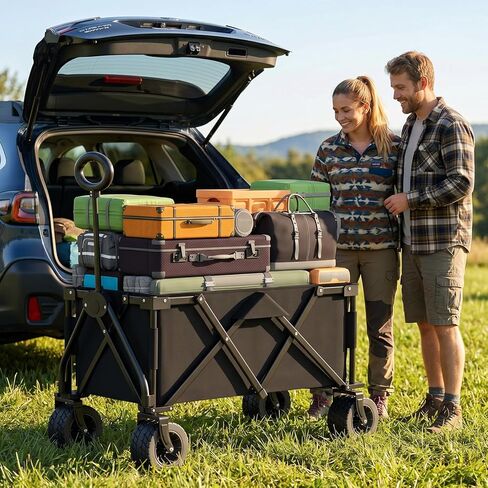 LEVELEVE Heavy Duty Folding Wagon Collapsible Cart, 420Lb Capacity, All-Terrain Wheels w/Brakes & Side Pockets (Black) in Kuwait