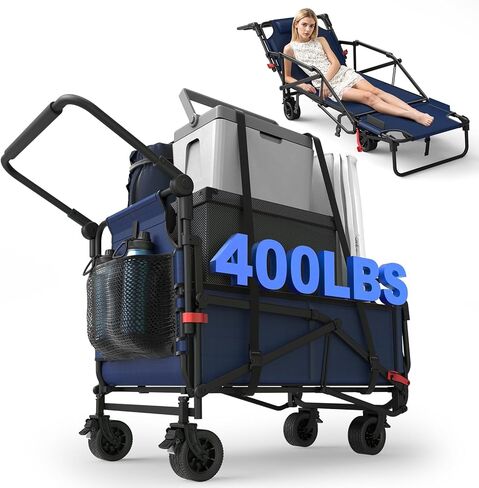 LEVELEVE Heavy Duty Folding Wagon Collapsible Cart, 420Lb Capacity, All-Terrain Wheels w/Brakes & Side Pockets (Black) in Kuwait