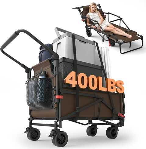 LEVELEVE Heavy Duty Folding Wagon Collapsible Cart, 420Lb Capacity, All-Terrain Wheels w/Brakes & Side Pockets (Black) in Kuwait