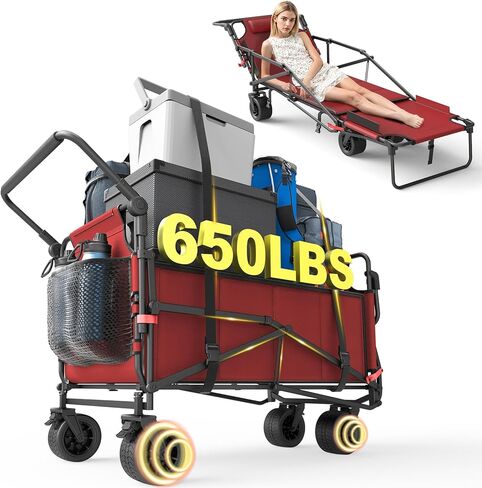 LEVELEVE Heavy Duty Folding Wagon Collapsible Cart, 420Lb Capacity, All-Terrain Wheels w/Brakes & Side Pockets (Black) in Kuwait