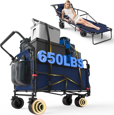 LEVELEVE Heavy Duty Folding Wagon Collapsible Cart, 420Lb Capacity, All-Terrain Wheels w/Brakes & Side Pockets (Black) in Kuwait