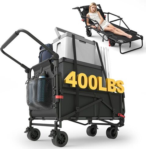 LEVELEVE Heavy Duty Folding Wagon Collapsible Cart, 420Lb Capacity, All-Terrain Wheels w/Brakes & Side Pockets (Black) in Kuwait