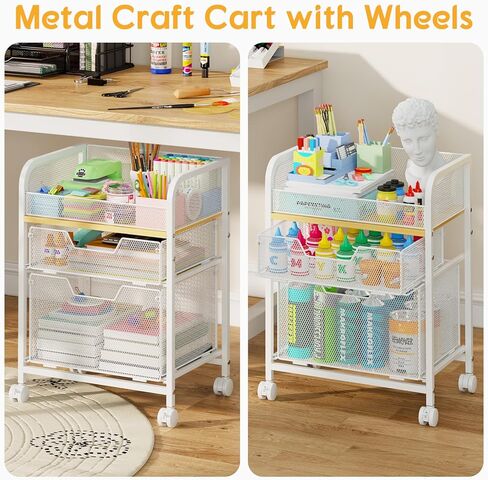 Yociyoga 3 Tier Rolling Cart with Drawers,Pantry Storage Cart with Wheels,Under Desk Storage Cart for Small Space,Pantry Floor Organizers and Storage,Metal Load-Bearing Utility Craft Cart,White in Saudi Arabia