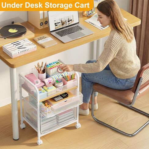 Yociyoga 3 Tier Rolling Cart with Drawers,Pantry Storage Cart with Wheels,Under Desk Storage Cart for Small Space,Pantry Floor Organizers and Storage,Metal Load-Bearing Utility Craft Cart,White in Saudi Arabia