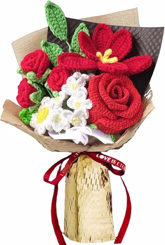 Completed Crochet Handmade Rose Artificial Flowers, Hand Woven Flowers Bouquet, Faux Plants Home Table Wedding Party Office Decor Gifts for Valentine's Day Birthday Mother's Day Anniversary in Saudi Arabia