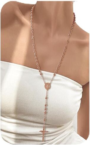 FOCALOOK Rosary Chain Necklace Virgin Mary Prayer Necklace with Crucifix/Jesus Cross Pendant Catholic Long Y Drop Chain Jewelry Gift for Women Men (with Rosary Box & Pray Card) in Saudi Arabia