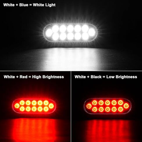 6 Pcs 6" Oval Trailer Tail Lights, 12 LED Red/White Dual Color Stop Turn Reverse Brake Lights With Gromment & 3 Prong Wire Pigtails, IP67 Waterproof DOT Approved for 12V Truck BUS UTV ATV RV Boat in Kuwait