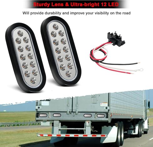 6 Pcs 6" Oval Trailer Tail Lights, 12 LED Red/White Dual Color Stop Turn Reverse Brake Lights With Gromment & 3 Prong Wire Pigtails, IP67 Waterproof DOT Approved for 12V Truck BUS UTV ATV RV Boat in Kuwait