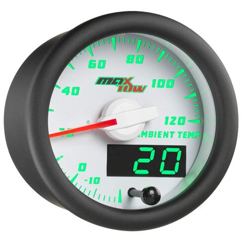 MaxTow Double Vision Ambient Air Temperature Gauge Kit - Reads Outside Temp from -20-120 F - Includes Sensor - White Gauge Face - Green LED Illuminated Dial - Analog & Digital Readouts - 2-1/16" in Kuwait