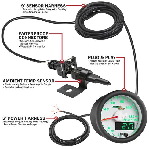 MaxTow Double Vision Ambient Air Temperature Gauge Kit - Reads Outside Temp from -20-120 F - Includes Sensor - White Gauge Face - Green LED Illuminated Dial - Analog & Digital Readouts - 2-1/16" in Kuwait
