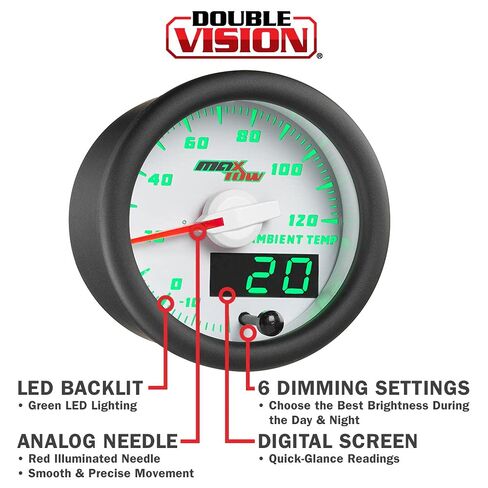 MaxTow Double Vision Ambient Air Temperature Gauge Kit - Reads Outside Temp from -20-120 F - Includes Sensor - White Gauge Face - Green LED Illuminated Dial - Analog & Digital Readouts - 2-1/16" in Kuwait