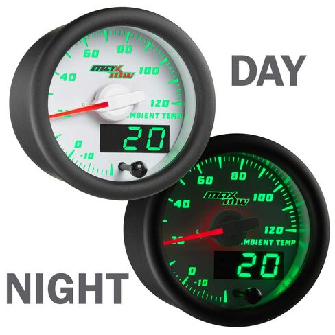 MaxTow Double Vision Ambient Air Temperature Gauge Kit - Reads Outside Temp from -20-120 F - Includes Sensor - White Gauge Face - Green LED Illuminated Dial - Analog & Digital Readouts - 2-1/16" in Kuwait