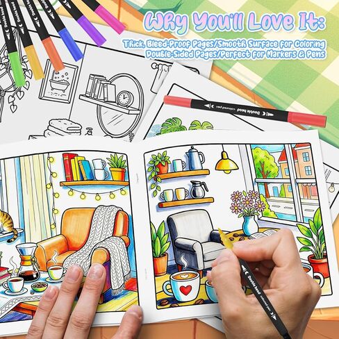 4Pcs Bold and Easy Cozy Coloring Book, Coloring Books for Adults Relaxation with 36 Color Markers, Saddle Stitch Double-Sided Design Include 128 Simple and Featuring Cute Patterns, Mindfulness Gifts in Kuwait