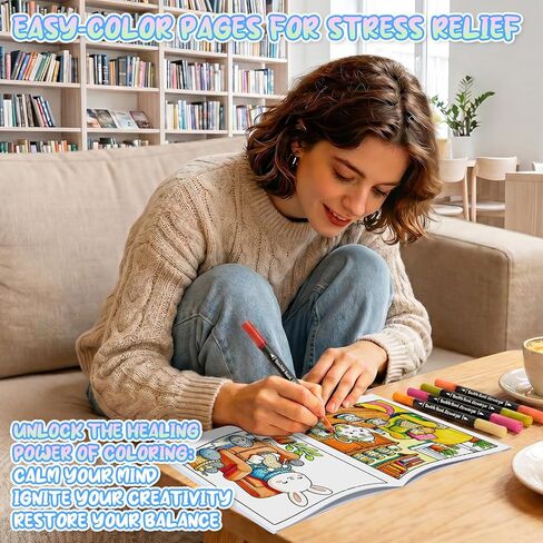 4Pcs Bold and Easy Cozy Coloring Book, Coloring Books for Adults Relaxation with 36 Color Markers, Saddle Stitch Double-Sided Design Include 128 Simple and Featuring Cute Patterns, Mindfulness Gifts in Kuwait
