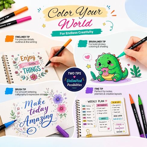 Simpson Storefront 72 Colors Dual Tip Art Markers Set - Fine & Brush Tip Pens for Adult Coloring Books, No Bleed, Bullet Journaling, Calligraphy, Sketching, Drawing - Dual Brush Pen Art Kit with Case in Kuwait