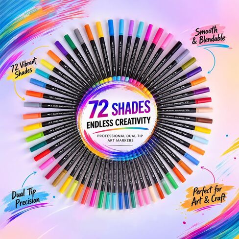 Simpson Storefront 72 Colors Dual Tip Art Markers Set - Fine & Brush Tip Pens for Adult Coloring Books, No Bleed, Bullet Journaling, Calligraphy, Sketching, Drawing - Dual Brush Pen Art Kit with Case in Kuwait