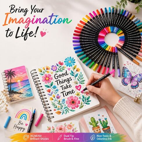 Simpson Storefront 72 Colors Dual Tip Art Markers Set - Fine & Brush Tip Pens for Adult Coloring Books, No Bleed, Bullet Journaling, Calligraphy, Sketching, Drawing - Dual Brush Pen Art Kit with Case in Kuwait
