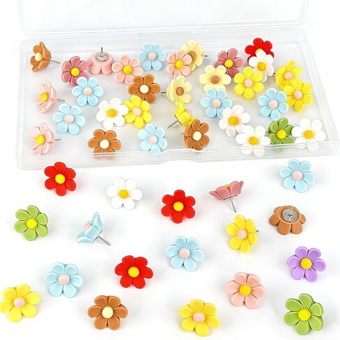 50 Pcs Flower Push Pins, Colorful Decorative Floral Thumb Tacks for Bulletin Board, Cork Board, Wall, Travel Map, Home and Office Decor, Storage Box Included (Mixed Colors) in Saudi Arabia