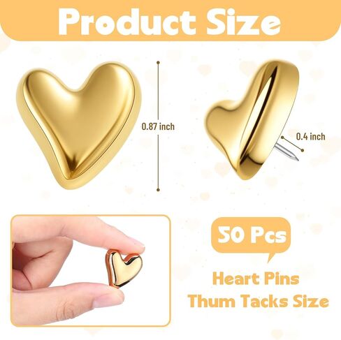 Outus 50 Pcs Cute Heart Push Gold Thumb Tacks for Cork Board Heart Decorative Thumb Tacks for Wall Home Office Classroom Decor in Kuwait